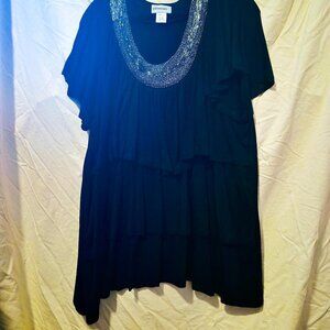 Glitterscape Black Short Sleeve Ruffle Layered Top With Silver Beads 3X